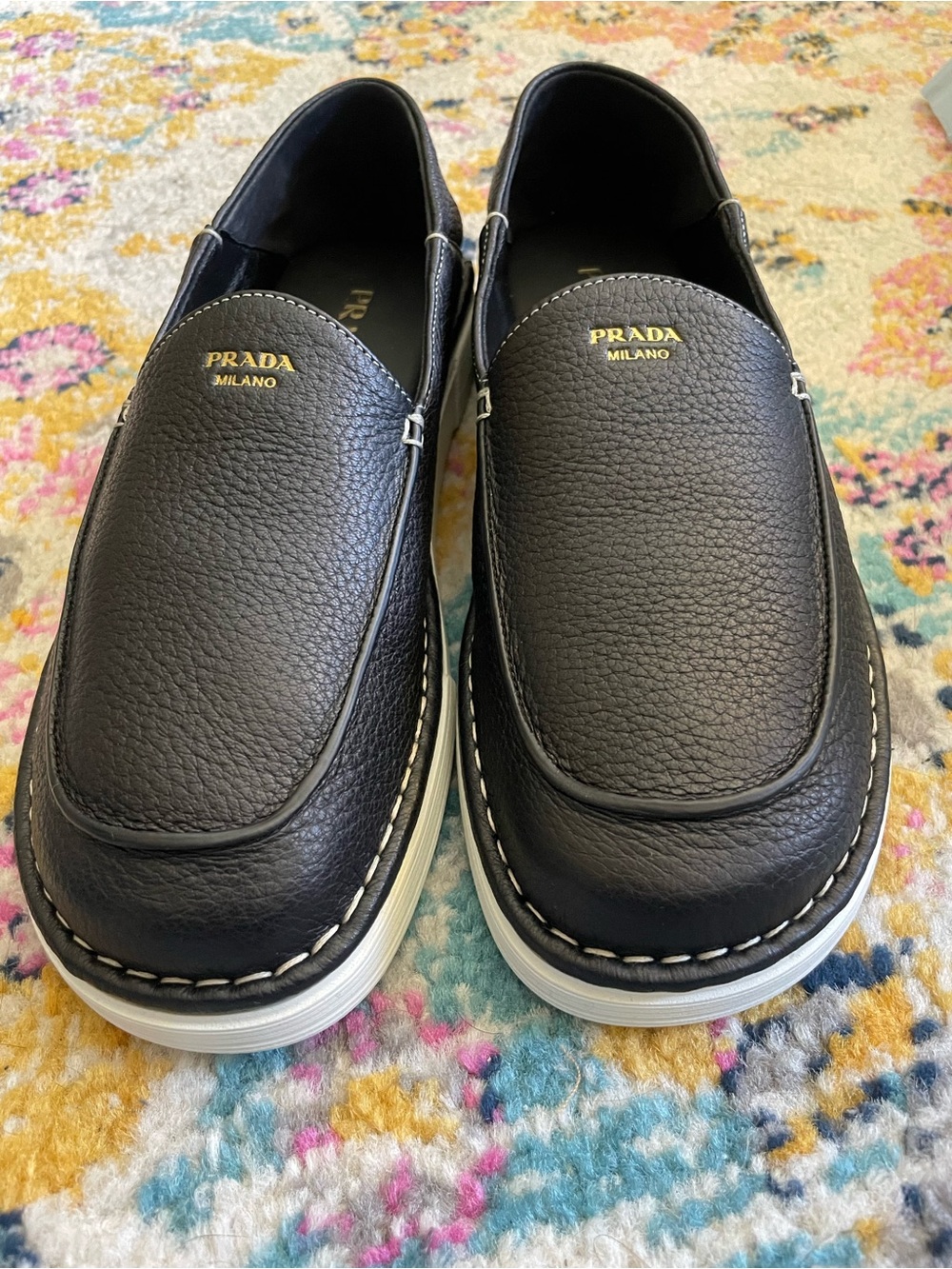 NEW Prada Black Leather Slip-On Casual Loafers with White Sole 9 Authentic